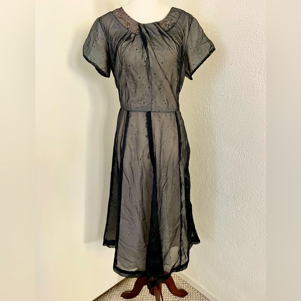 Vintage 40s 50s Little Black Dress Sheer Lined Fit & Flare Handmade Med